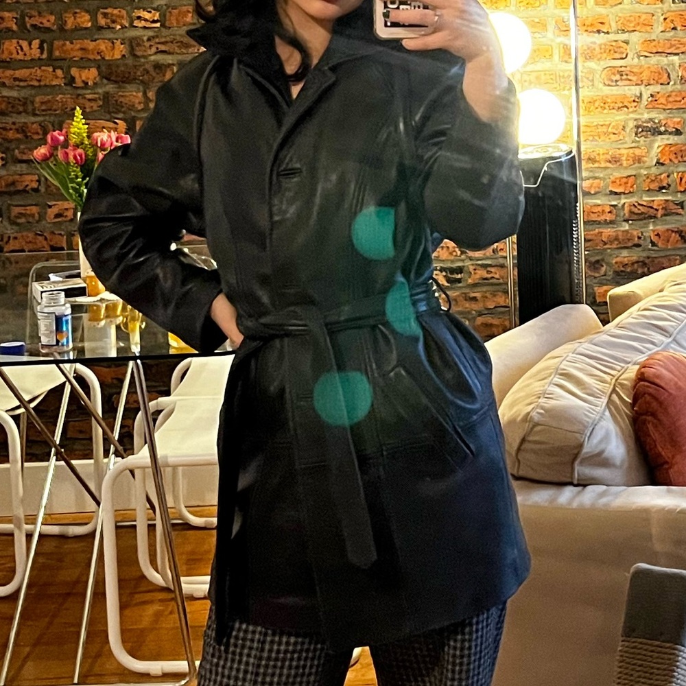 Women's Black Leather Belted Jacket